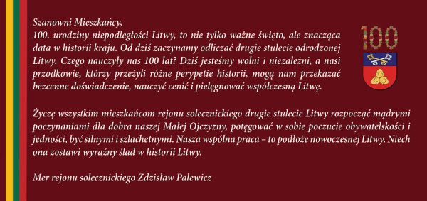 Pozdrowienia mera z okazji 100-lecia Odrodzenia Państwa Litewskiego